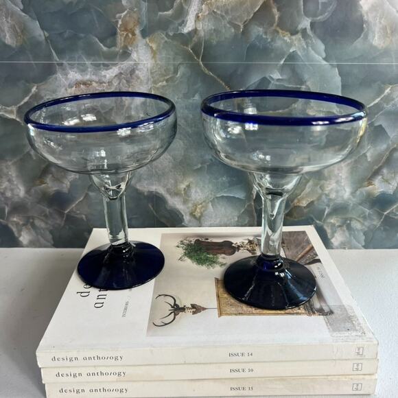 Unbranded Other - Hand blown Margarita Glasses Set of 2 6.5" Tall Clear Cobalt Blue Rim